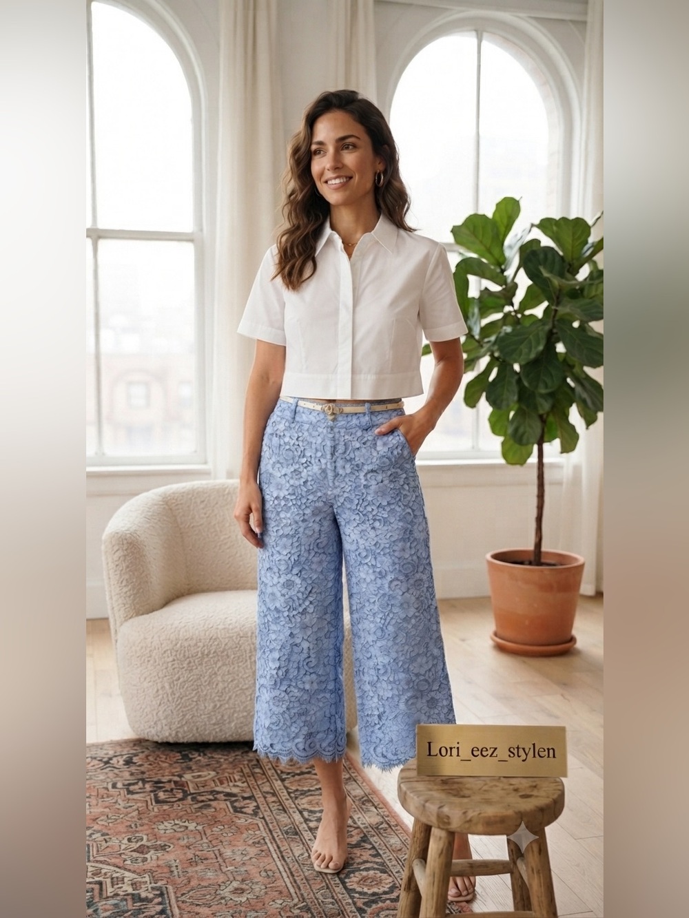 Zara Light Blue Lace Wide-Leg Cropped Jeans